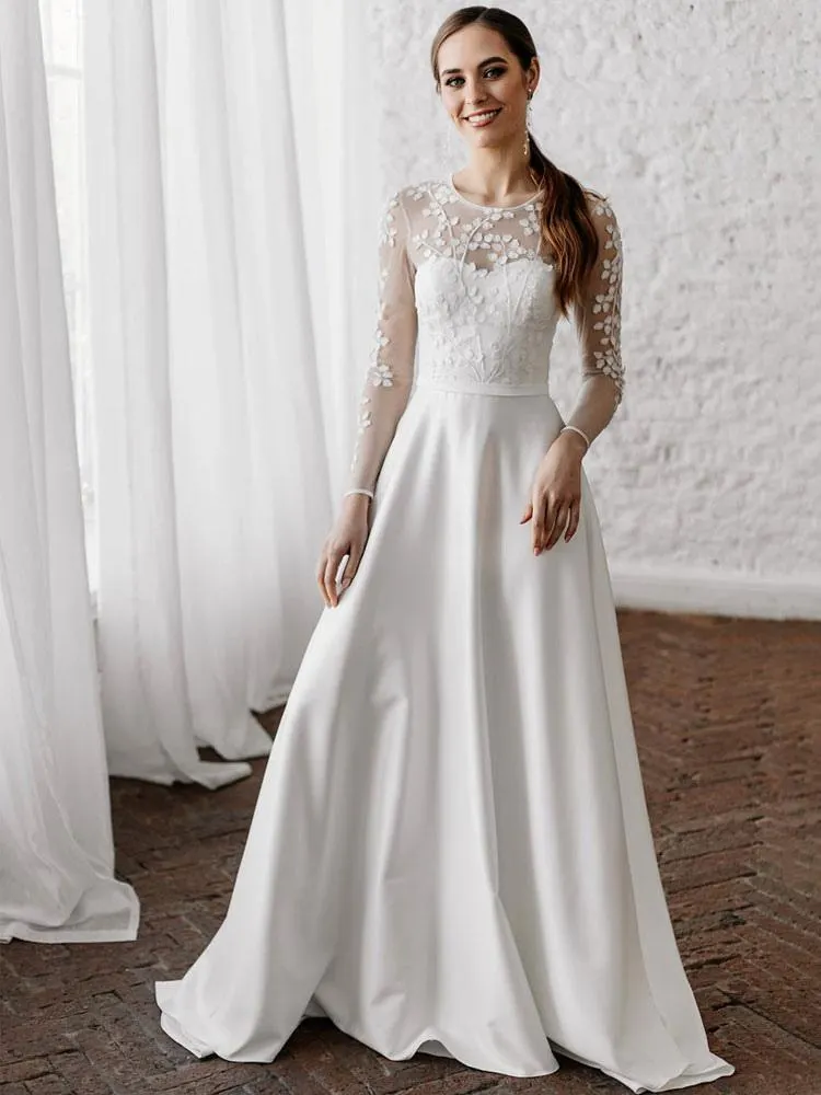 Vestido de novia blanco simple Una línea de escote de ilusión Manga larga Perlas Tren Vestidos de novia de encaje de tela satinada
