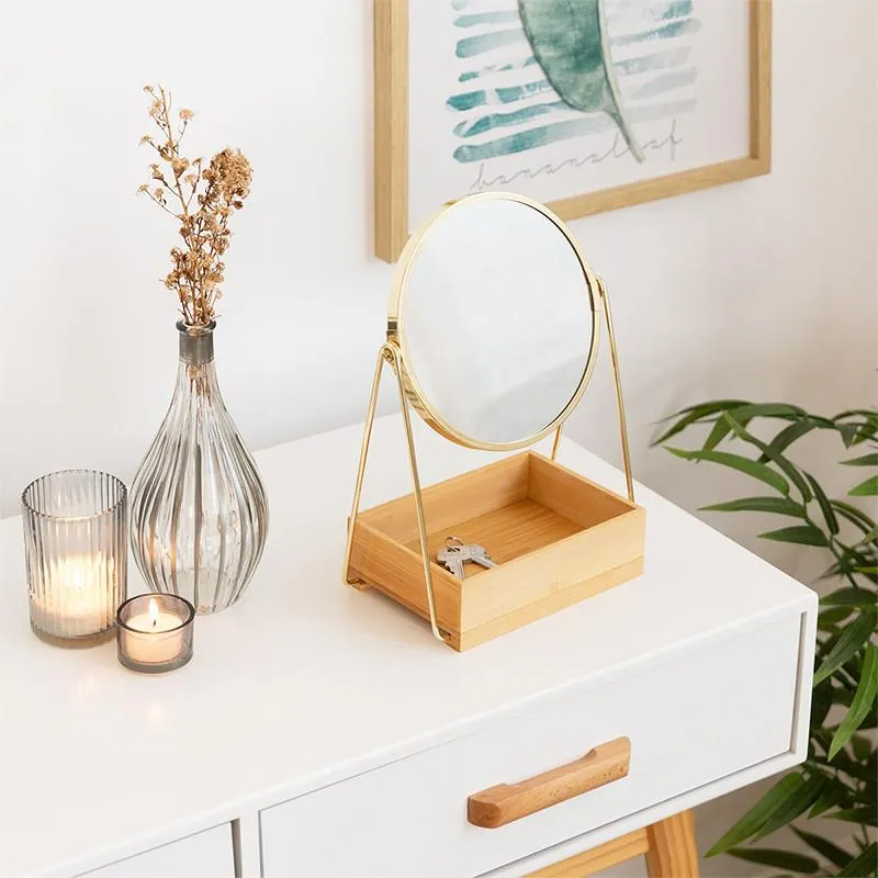 HOME DECÓ ESPEJO REDONDO Y BANDEJA MADERA