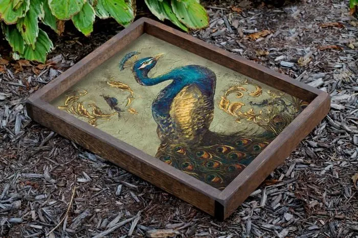 Tablero rectangular con fondo de estampado de pavo real Caupona 40x50x6cm Madera Multicolor