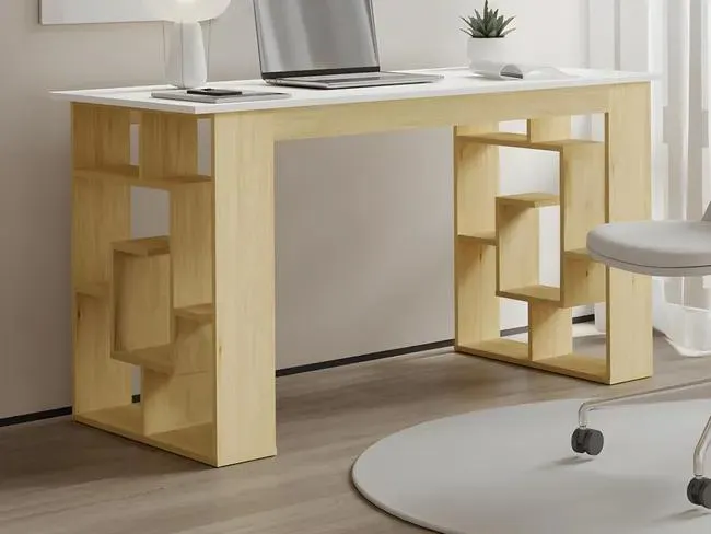 Escritorio con 10 estantes - Color: Natural y blanco - JOVISO