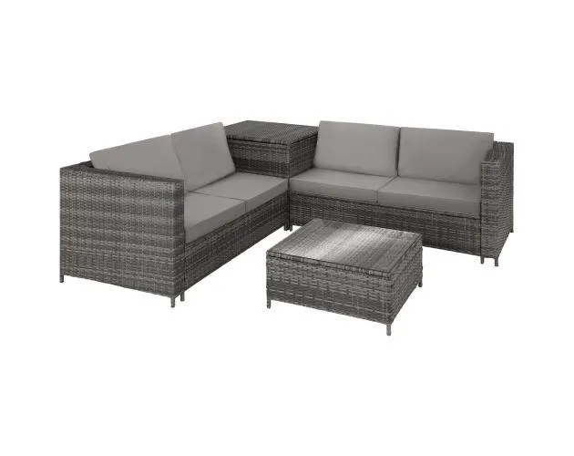 Conjunto de ratán para 4 personas, caja de almacenaje, gris/gris claro