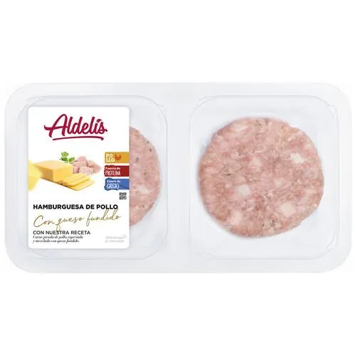 Bandeja de hamburguesas de pollo con trocitos de queso fundido ALDELÍS 4 x 80 g.