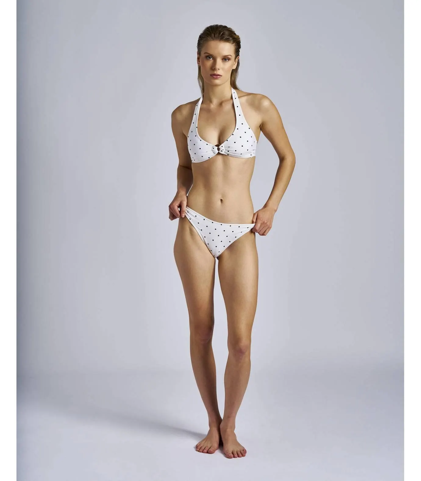 Bikini long con tejido estampado de topos color crudo