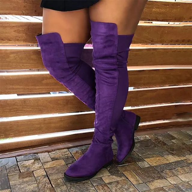 Mujer Botas Calcetines Tallas Grandes Botas Sexy Fiesta Nochevieja Diario Botas por encima de la rodilla Botas altas de muslo Invierno Tacón Plano Moda Sensual Clásico Ante Sintético Rojo Morado