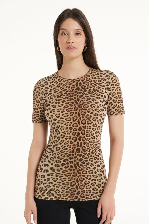Camiseta de Algodón Elástico Estampado con Cuello Redondo