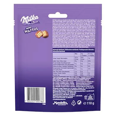 Galletas de barquillo recubiertas de chocolate mini wafers Milka bolsa 110 g
