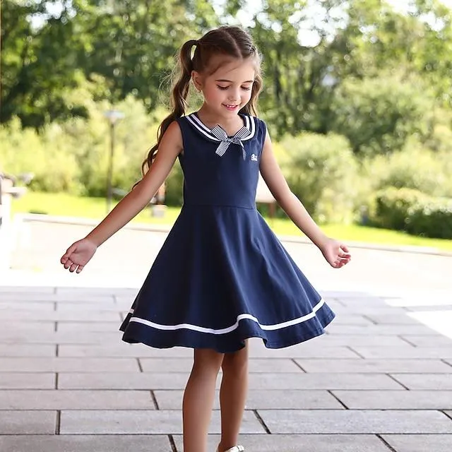 Niños Poco Chica Vestido A Rayas Color sólido Vestido de Tanque Uniformes Escolares Escuela Casual Lazo Azul Marino Algodón Hasta la Rodilla Estilo lindo Dulce Vestidos Verano Ajuste regular 3-13 años