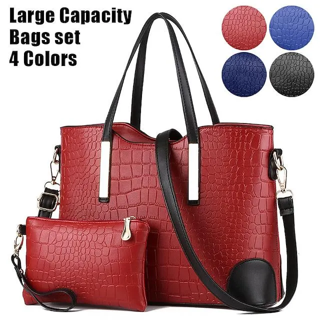 Mujer Bolso de mano Bolso bandolera Conjunto de bolsa Bolsa Boston Cuero de PU Exterior Oficina Diario Botones Cremallera Gran Capacidad Impermeable Ligero Color sólido Bloque de color Cocodrilo