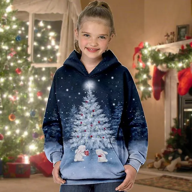 Sudadera con capucha navideña fea para niños y niñas, árbol de Navidad, regalos de Navidad, bolsillo de manga larga, lindo 7-13 años, invierno, azul, azul marino