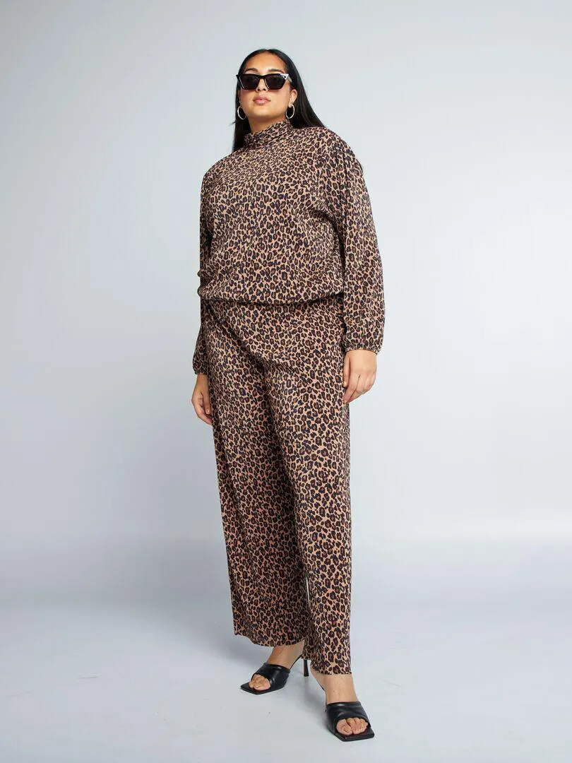 Top de leopardo de punto plisado - MARRON