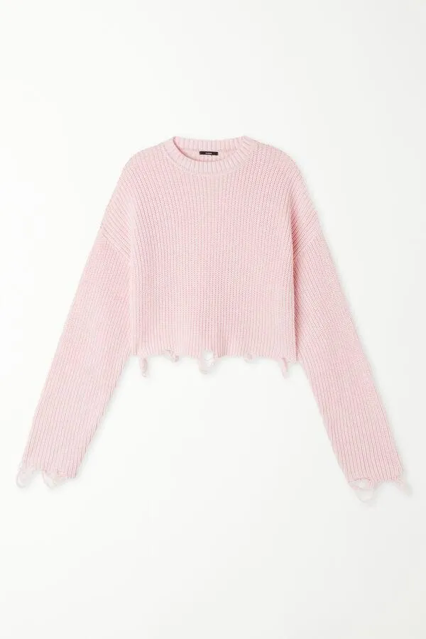 Camiseta Corta de Manga Larga de Canalé con Remates Rasgados