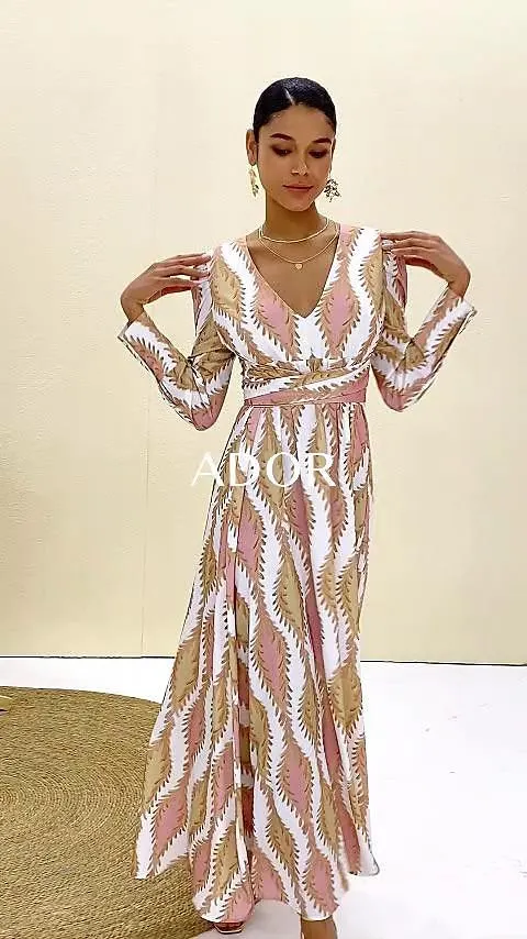 Women's Hem Maxi Satin Maxi Maxi Dress salmon White Long Sleeve Plants Pattern Flower / Plants Button Plant Spring V Neck Flying Dress S M L