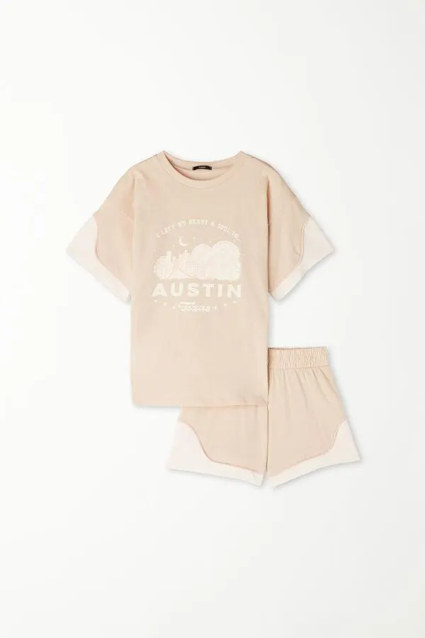 Pijama Corto de Algodón con Estampado Texas para Niña