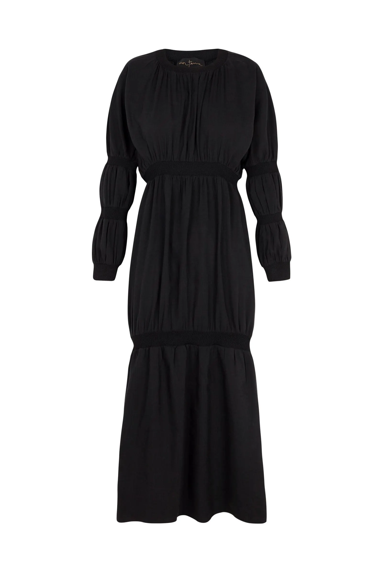 Morgan, dress in smoke gray linen and silk