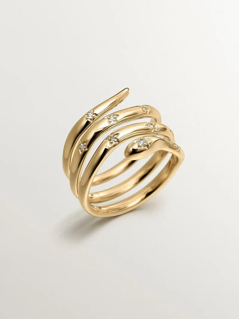 Anillo triple de plata 925 bañada en oro amarillo de 18K con forma de serpiente y topacios blancos