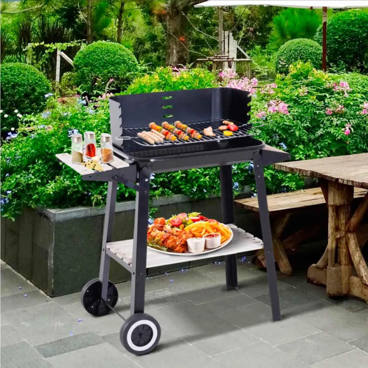 Barbacoa de carbón Outsunny altura ajustable 2 estantes negro 87x83x45 cm