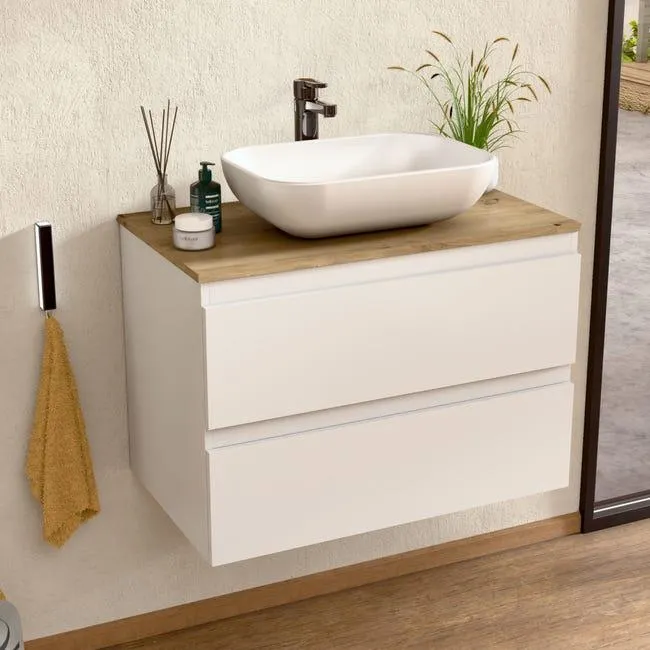 BELLOBATH - Mueble de baño suspendido con lavabo de cerámica, Mueble con 2 Cajones, 80 x 55 x 46 cm, Mueble blanco y tapa roble