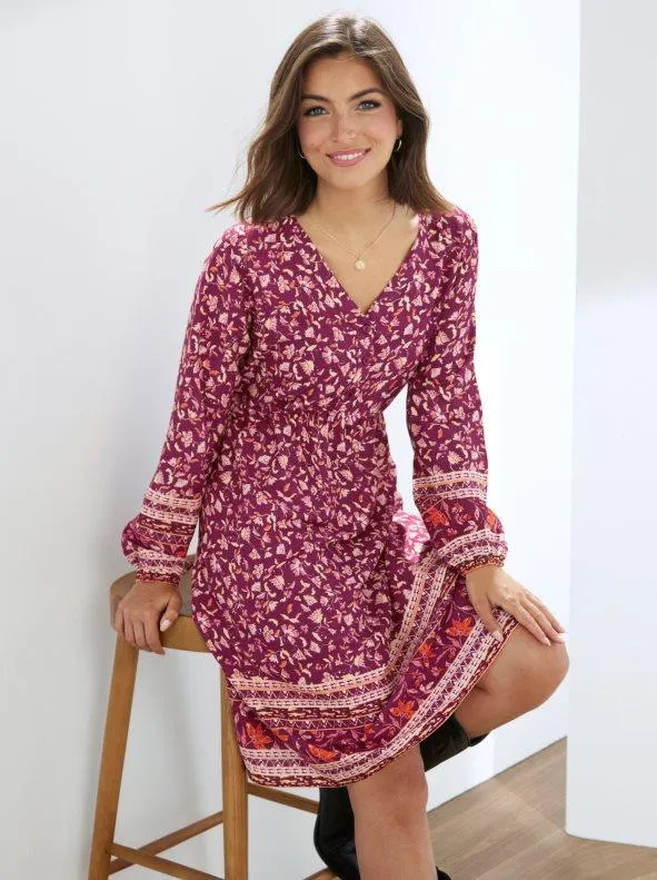 Vestido manga larga con puño elástico estampado