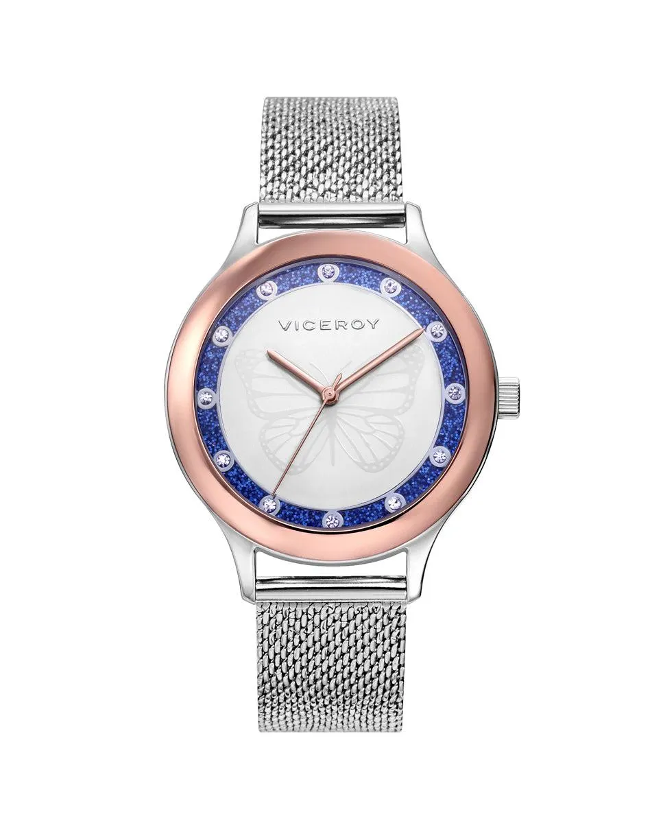 Reloj de mujer Kiss de acero con esfera blancabisel interior glitter con circonitas