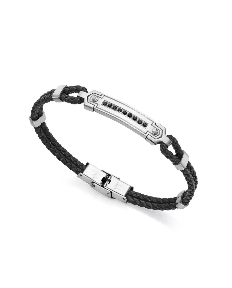 Pulsera Magnum de piel negra con motivos en acero y circonitas negras