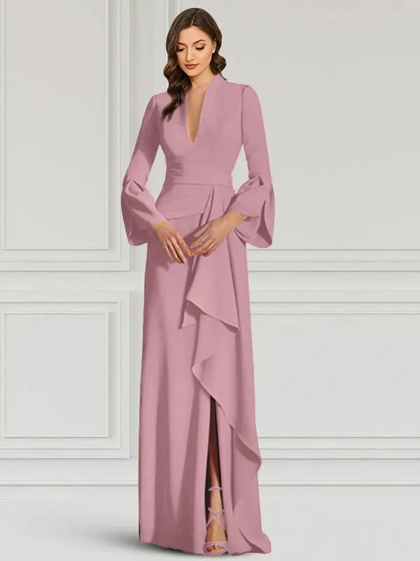 Vestido de fiesta para madre de la novia cuello en V manga larga volantes de sirena hasta el suelo vestidos de invitados para boda