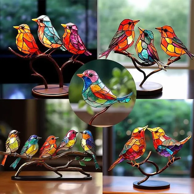 Pájaros manchados en adornos de escritorio de rama, adornos de pájaros vívidos planos de metal en rama, regalo de mesa de estatua artesanal de colibrí multicolor de doble cara para los amantes de los pájaros