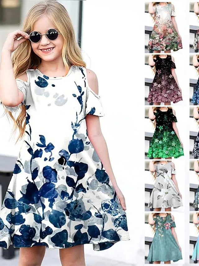 Niños Poco Chica Vestido Floral Vestido de una línea Diario Festivos Vacaciones Estampado Verde Trébol Azul Piscina Blanco Sobre la rodilla Manga Corta Casual Estilo lindo Dulce Vestidos Primavera