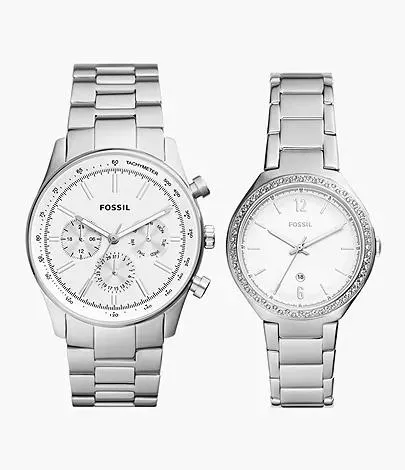 Conjunto en caja con relojesj multifunción His and Hers de acero inoxidable