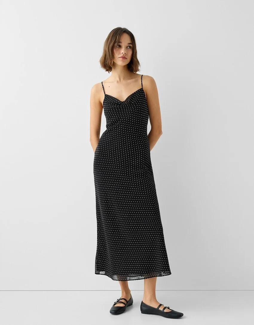 Long strappy polka dot chiffon dress
