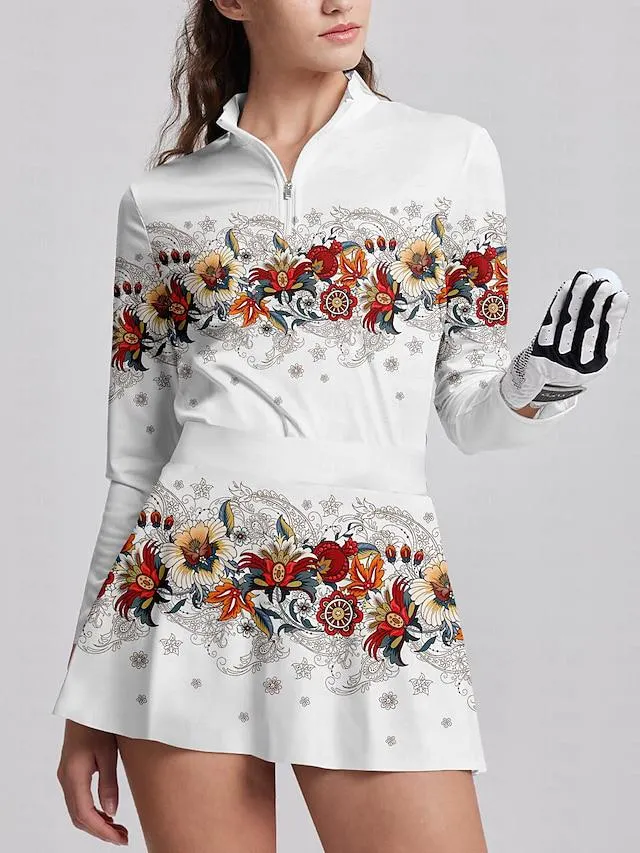 Mujer Camisas de polo Rojo Azul Manga Larga Protección Solar Camiseta Floral Otoño Invierno Ropa de golf para damas Ropa Trajes Ropa Ropa