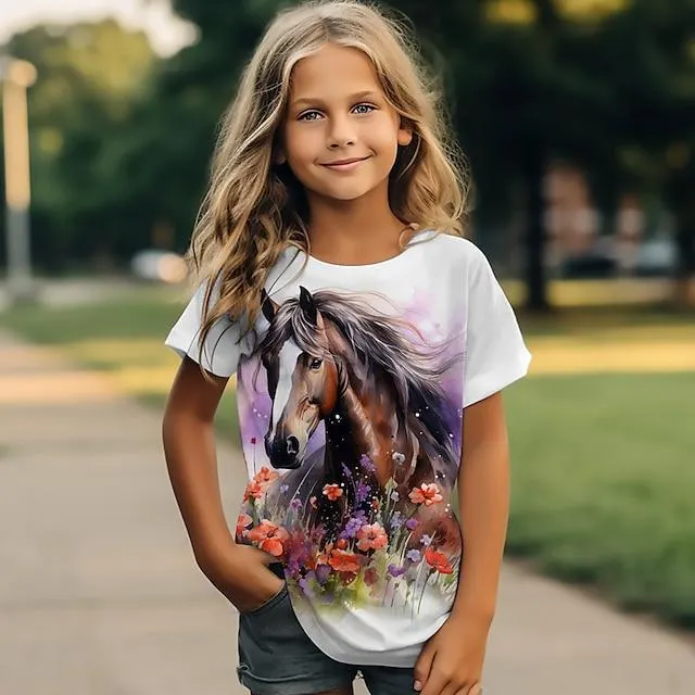 Chica 3D Caballo Camiseta Camisa Manga Corta Impresión 3D Verano Activo Moda Estilo lindo Poliéster Niños 3-12 años Cuello Barco Exterior Casual Diario Ajuste regular