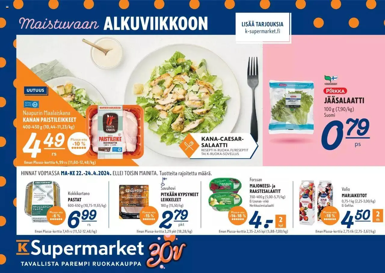 K-Supermarket tarjoukset voimassa alkaen 22. huhtikuuta - 24. huhtikuuta 2024 - Tarjouslehti sivu 1