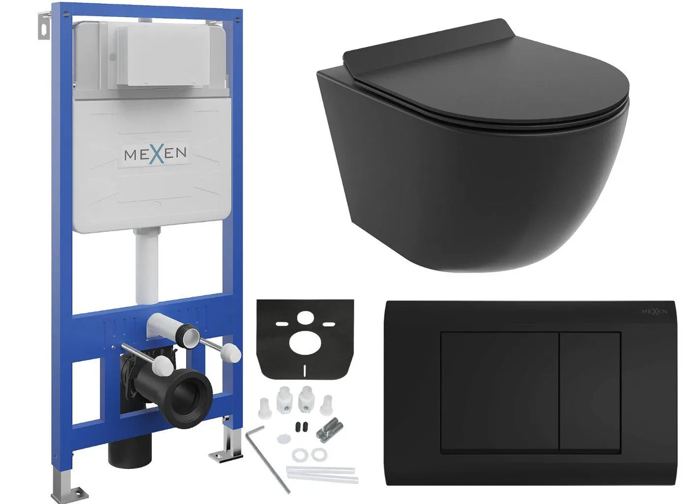 WC-setti Mexen 5in1 Fenix ​​​​Slim WC-istuimella Lena Rimless Slim Duroplast+, musta matta