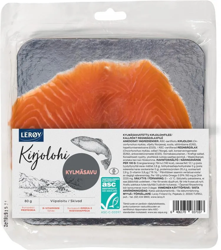 Lerøy kylmäsavustettu kirjolohifilee viipaloitu ASC 80g