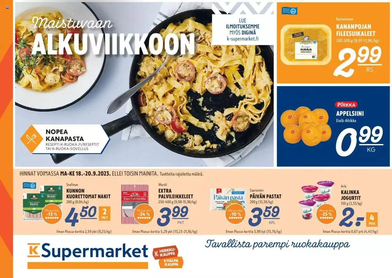 K-Supermarket tarjoukset voimassa alkaen 18. syyskuuta - 20. syyskuuta 2023 - Tarjouslehti sivu 1