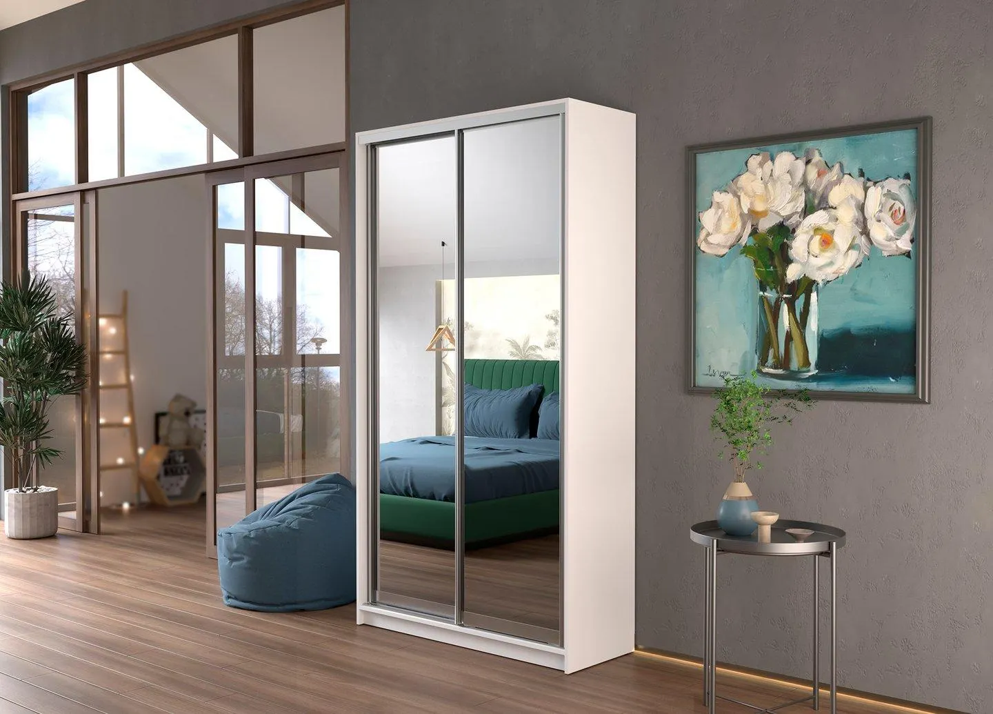 liukuovikomero 120x45, valkoinen + 2x kirkas peiliovi