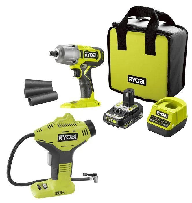 Setti: Mutterinväännin Ryobi ONE+ RIW18-1C20SA3 + Ilmapumppu Ryobi ONE+ R18PI-0
