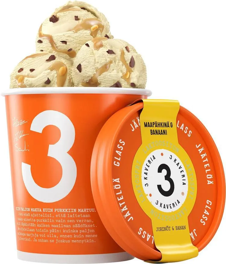 3 Kaveria Laktoositon Maapähkinä & Banaani jäätelö 500ml/400g