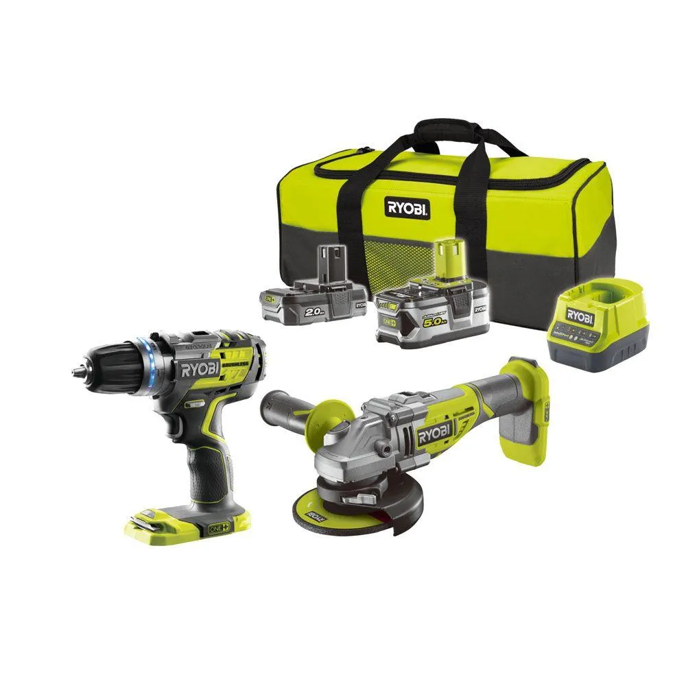 Ryobi ONE+ R18CK2BL-252S 18 V hiiliharjaton iskevä porakone- ja kulmahiomakonesetti + akut 2,0 Ah ja 5,0 Ah