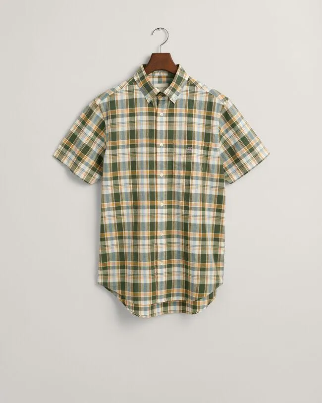 Regular fit ‑mitoitettu lyhythihainen ruudullinen puuvilla-pellavapaita