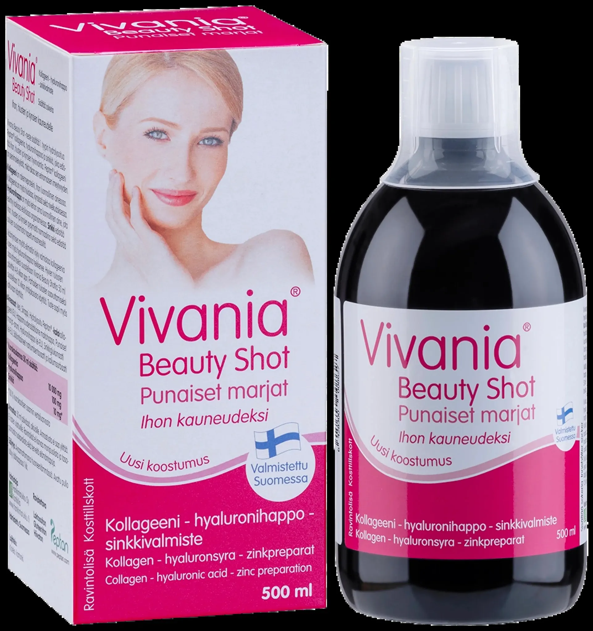 Vivania Beauty Shot punaiset marjat Kollageeni-hyaluronihappo-sinkki 500 ml
