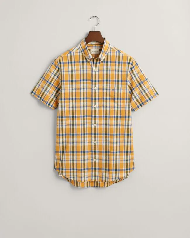 Regular fit ‑mitoitettu lyhythihainen ruudullinen puuvilla-pellavapaita