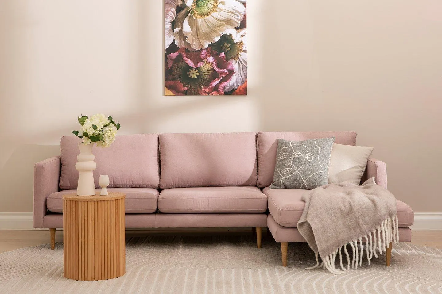 3-istuttava divaanisohva (oikea), Soro 61 rosa / tammijalat