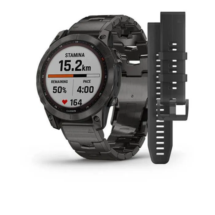 Garmin Fenix 7 Sapphire Solar hiilenharmaa DLC-titaani ja titaaniranneke + silikoniranneke 010-02540-39