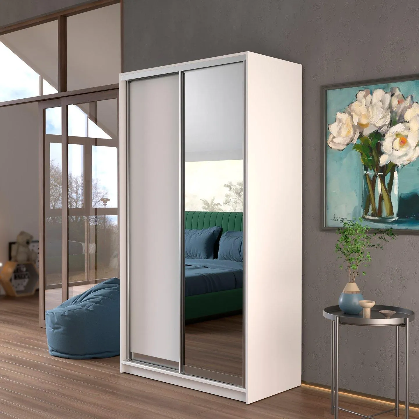 liukuovikomero 120x60, valkoinen + levyovi ja peiliovi