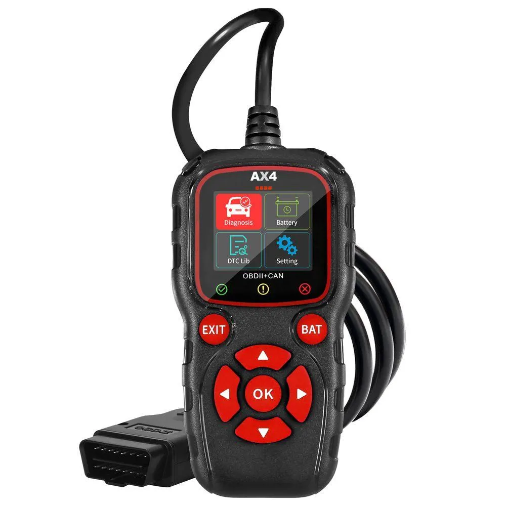 AX4 OBDII-vikakoodinlukija akkutesterillä