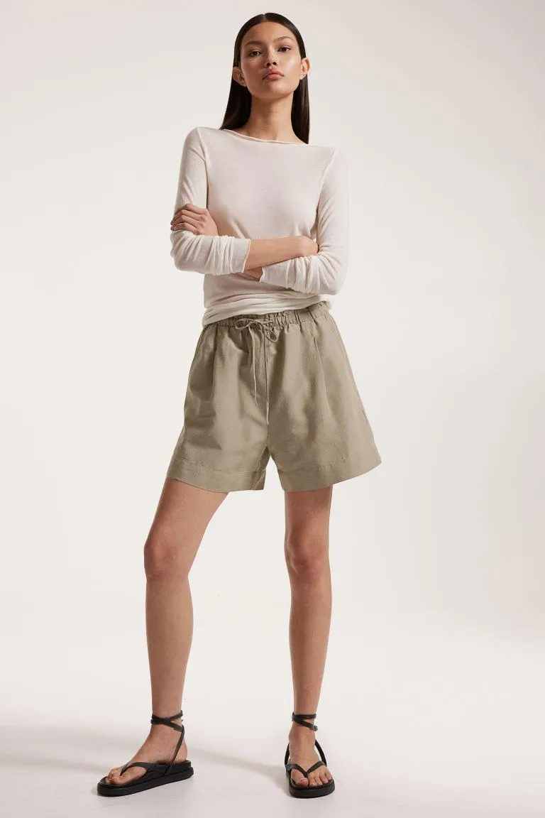 Linen-blend pull-on shorts