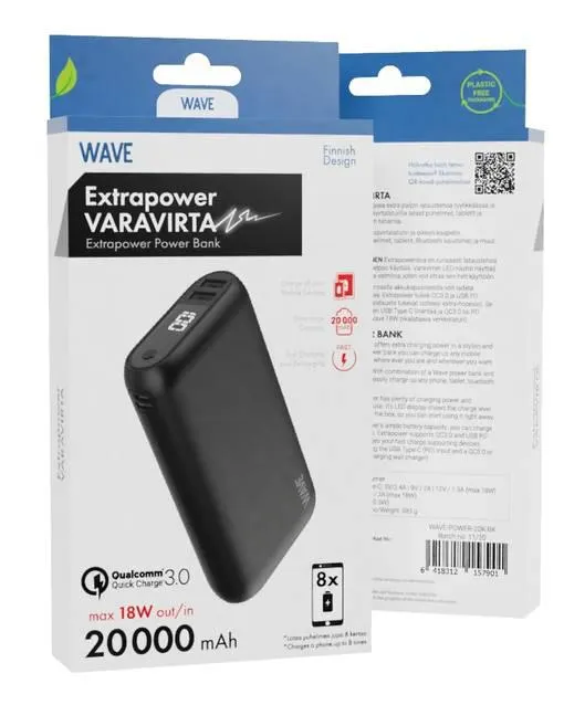 WAVE EXTRAPOWER LISÄVIRTALATURI 20 000 mAh MUSTA