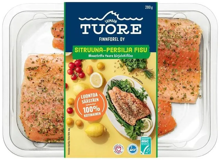 Saimaan Tuore ASC Sitruuna-persilja fisu, kirjolohifilee maustettu, 2 kpl. 280 g.