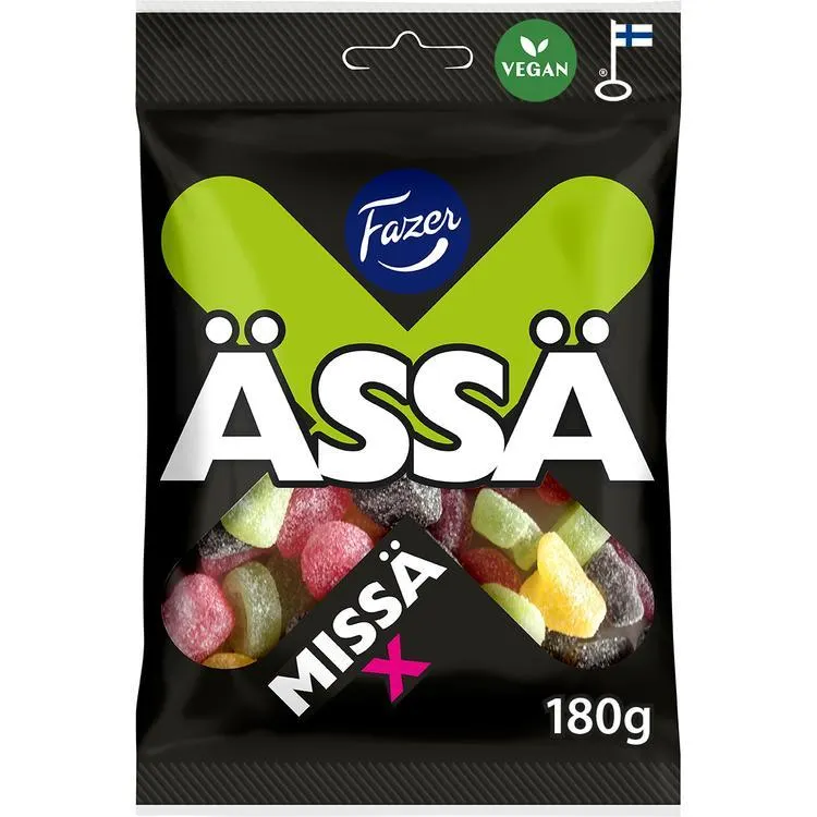 Fazer Ässä Missä X kirpeä hedelmä- ja lakritsikarkkipussi 180g